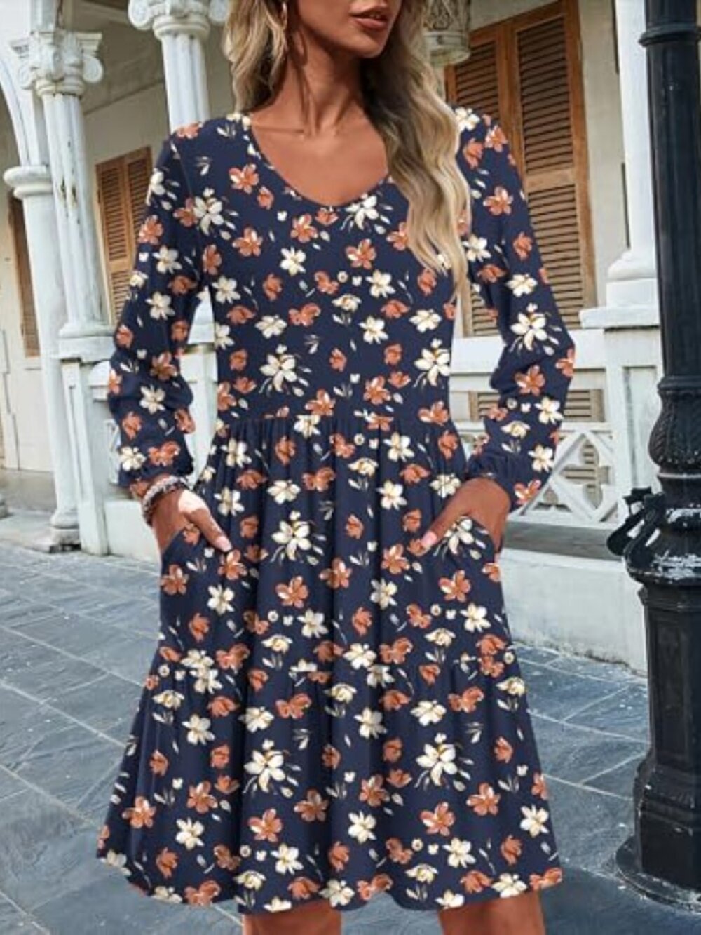 🆕 Women Casual A Line Dress V Neck Tiered Dress Long Sleeve Tunic Dress with - Picture 3 of 4